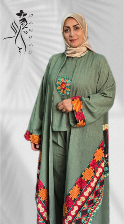 مانتو پاییزه سه تیکه سبز رنگ